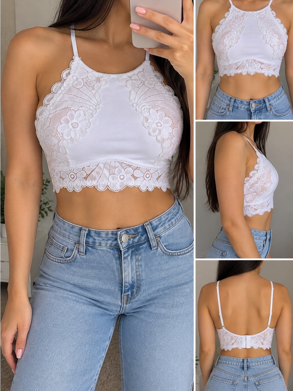 Lace Halter Bralette Crop Top - White
